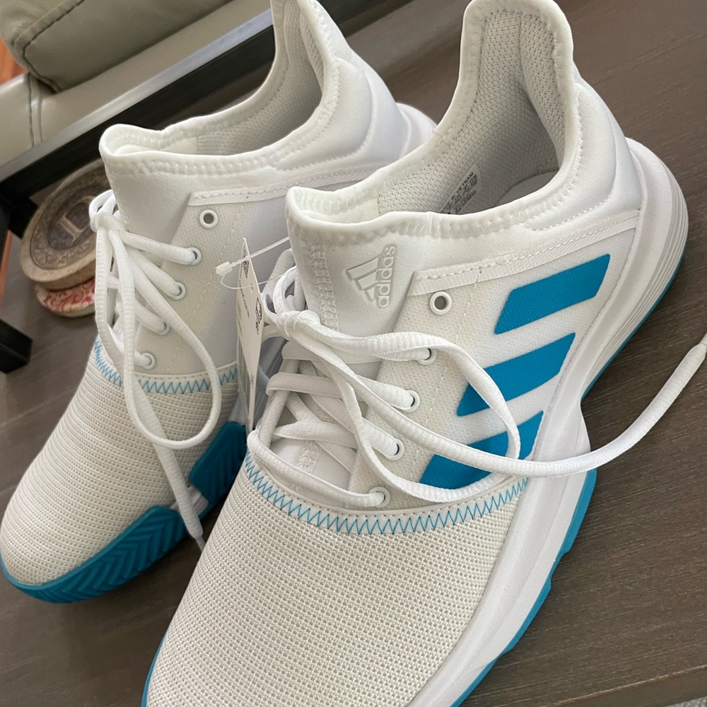 Adidas GameCourt White and Blue Tennis Shoes - Picture 2 of 6